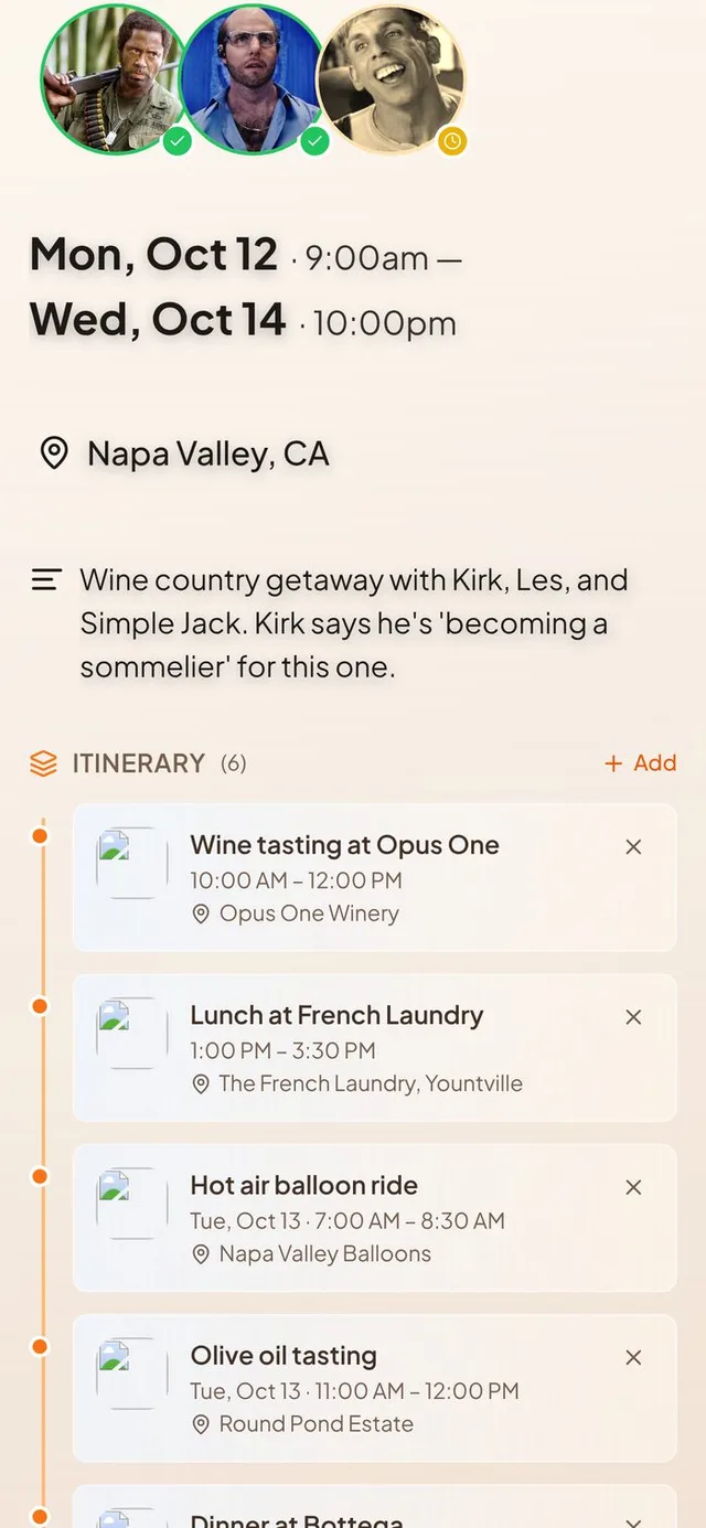 Conmigo event page for a Napa weekend with an Itinerary list of six events, an Add button and a remove X on each one
