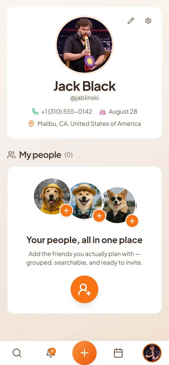 Conmigo My people screen with friendly dog avatars, the heading Your people, all in one place and a round orange add button