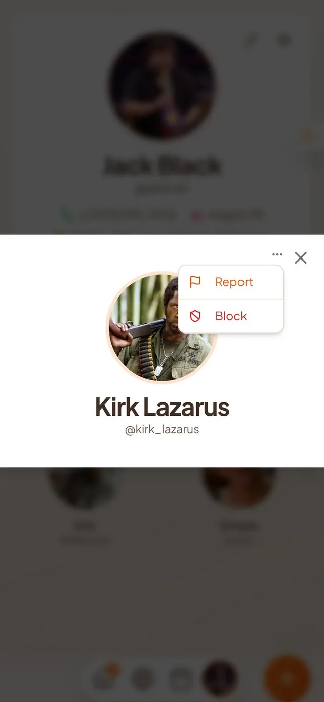 Conmigo friend profile for Kirk Lazarus with the three-dot menu open, offering Report and Block.