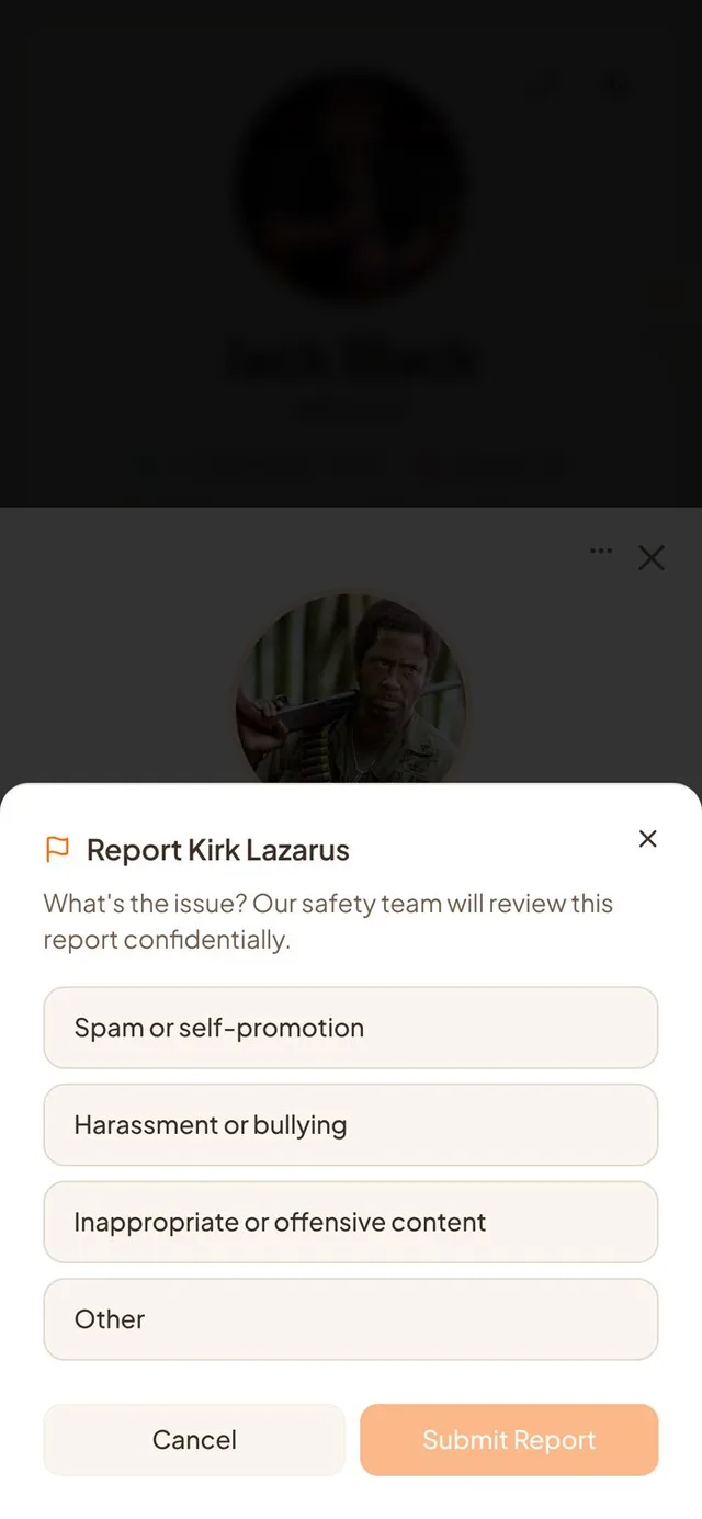 Conmigo Report sheet for Kirk Lazarus listing four reasons, with Cancel and Submit Report buttons.