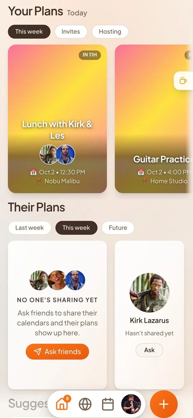 Conmigo Home with Your Plans above Their Plans, where nobody shares a calendar yet and an Ask friends button offers to ask