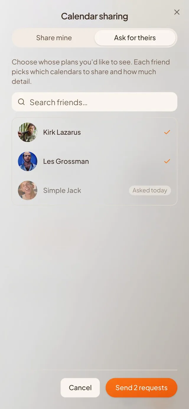Conmigo Calendar sharing on the Ask for theirs tab, two friends ticked and a Send 2 requests button