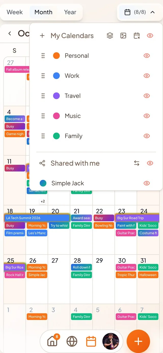 Conmigo calendar list open on the Month view, with a plus beside My Calendars and Shared with me below