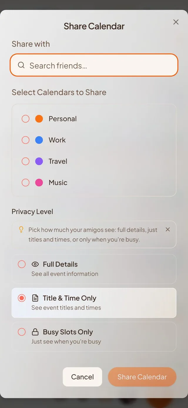 Conmigo Share Calendar screen with a friend search, your calendars and three privacy levels