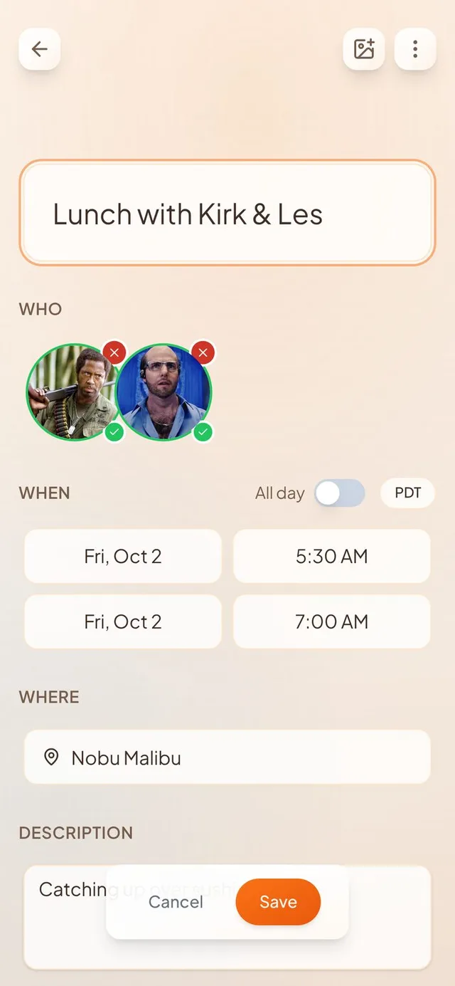 Conmigo event editor with a time zone button next to the All day switch in the When section