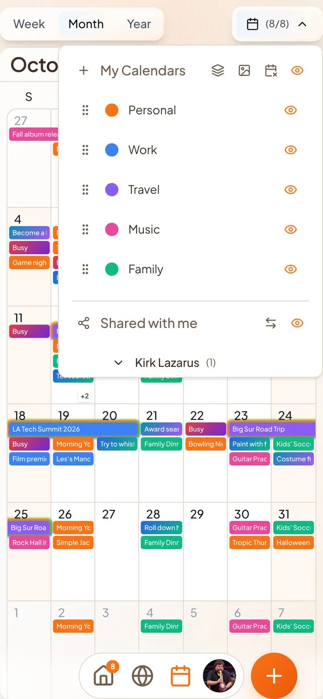 Conmigo calendars menu with Shared with me groups styled like My Calendars
