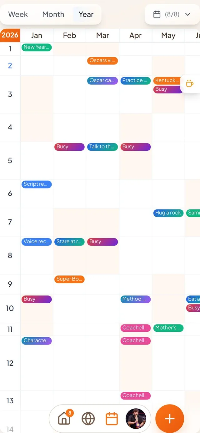 Conmigo Year view in the wall-calendar layout, with days 1 to 31 down the side and months across the top