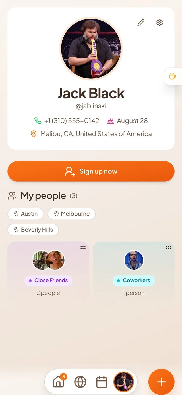 Conmigo Profile screen with My people, city pills in two rows and group cards