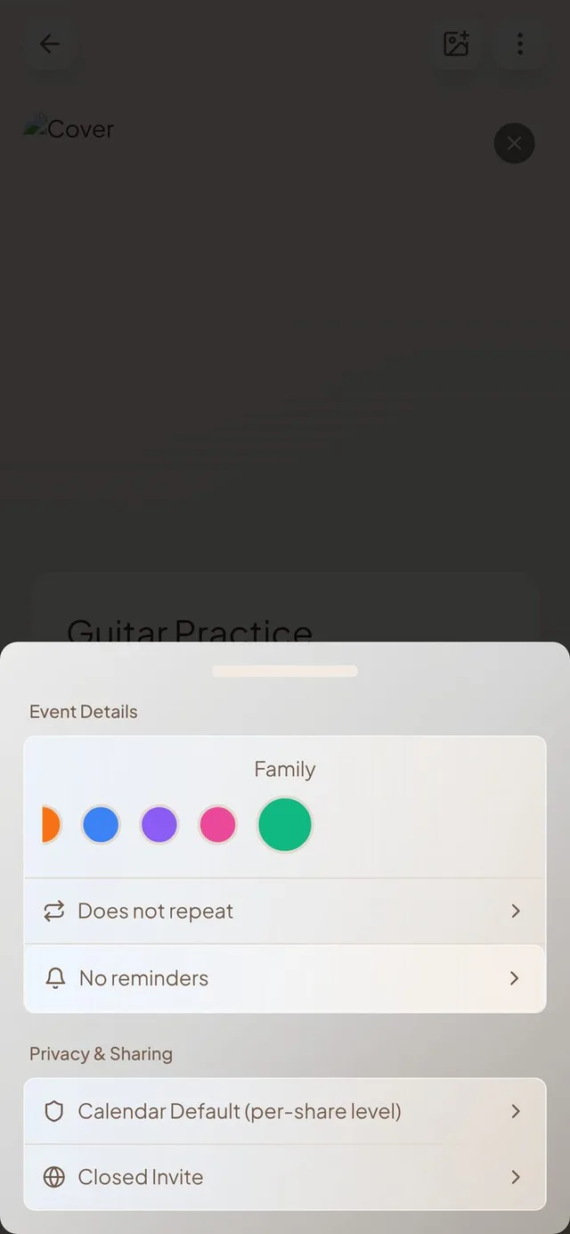 Conmigo event settings sheet with Event Details and Privacy & Sharing in two grouped sections