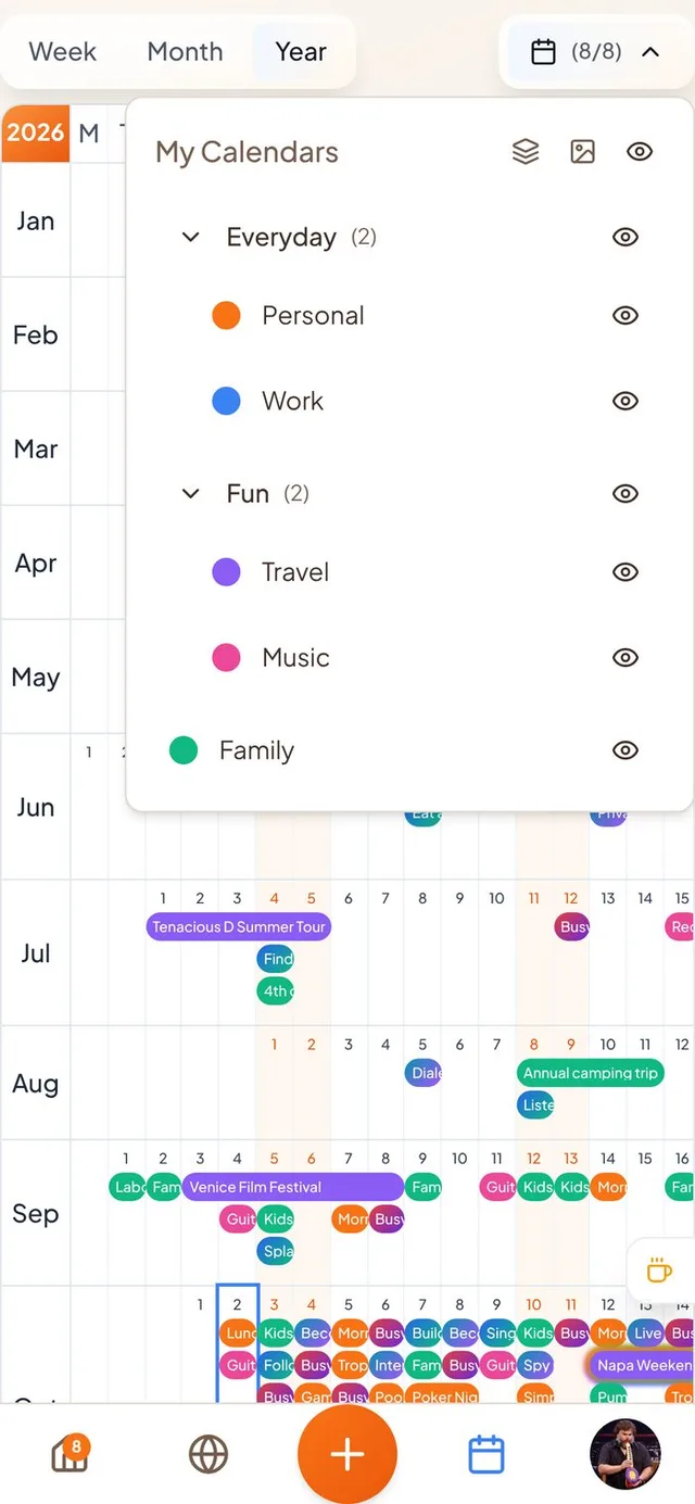Conmigo Year view with the My Calendars menu open, showing calendars sorted into Everyday and Fun groups