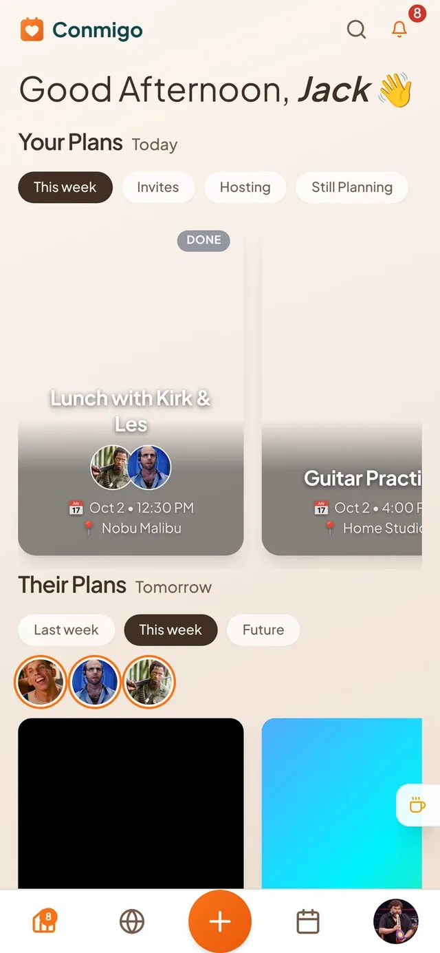 Conmigo Home screen with Your Plans and its Still Planning filter above Their Plans