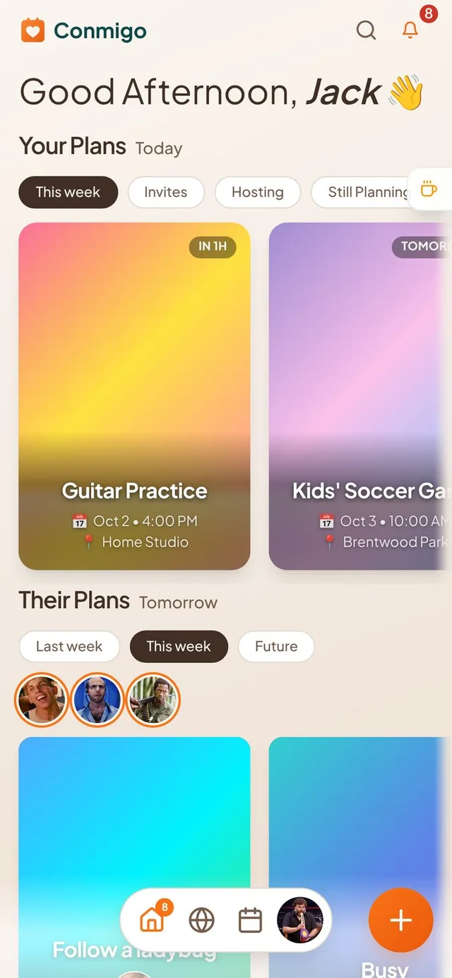 Conmigo Home screen with Your Plans above Their Plans and the rounded bottom bar