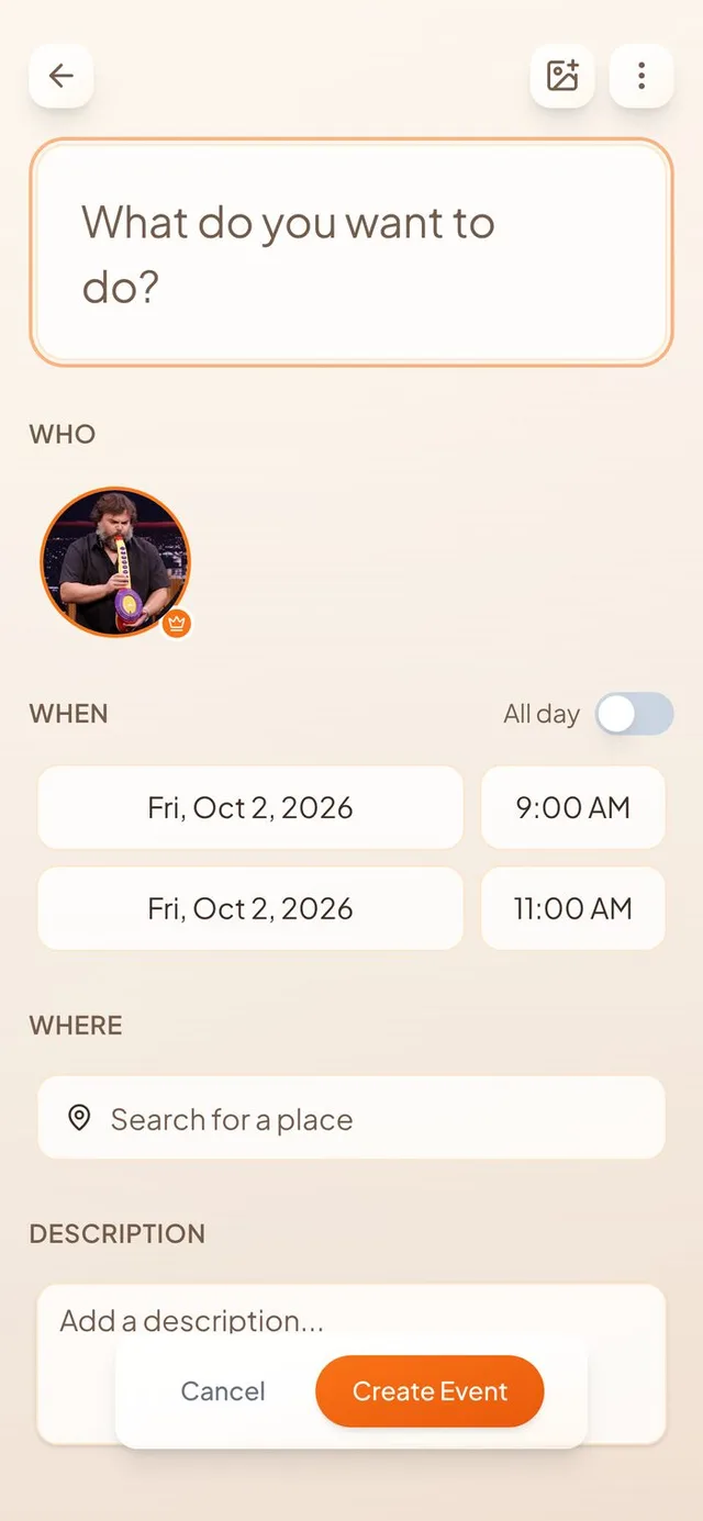 Conmigo new event screen with separate date and time buttons under When and an All day switch