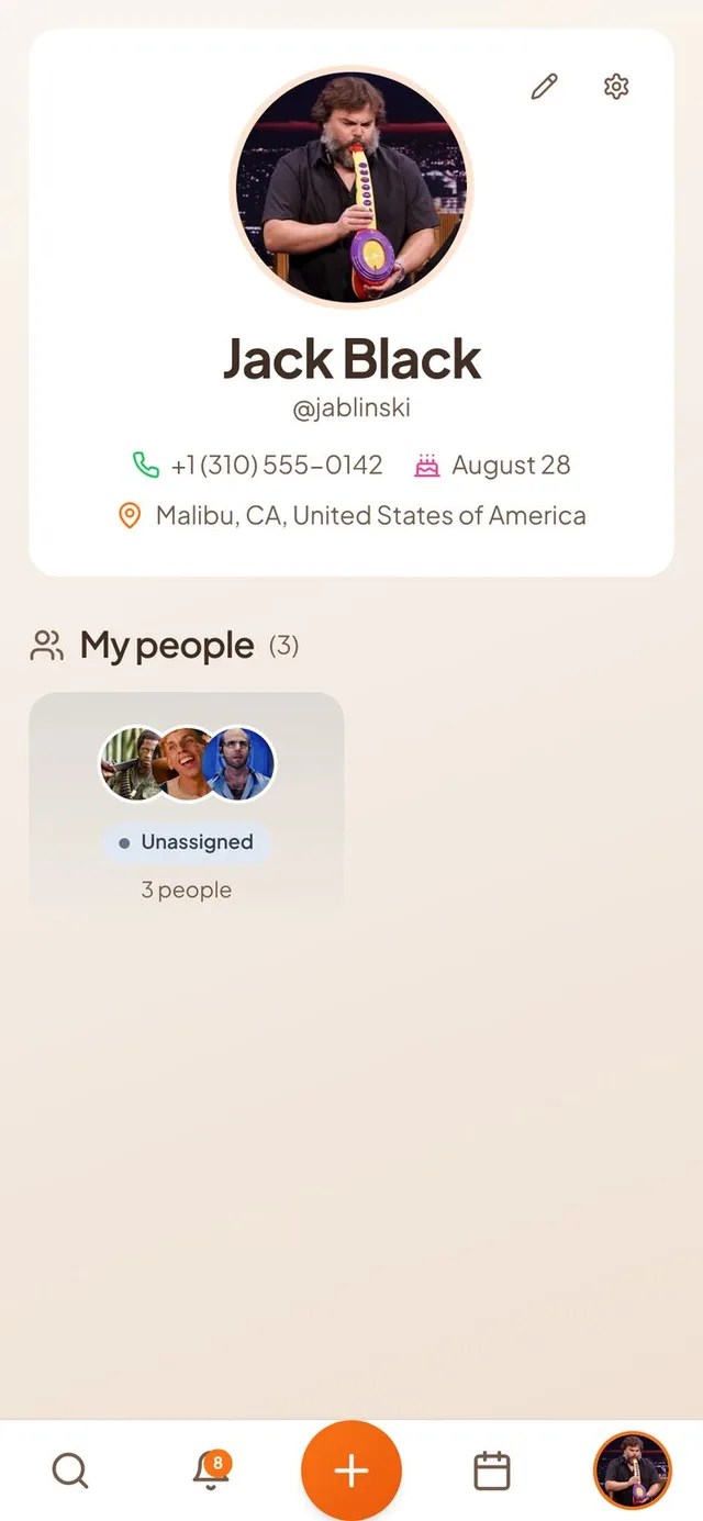 Conmigo Who page showing the profile card with address on one line above a My people group of three overlapping friend photos