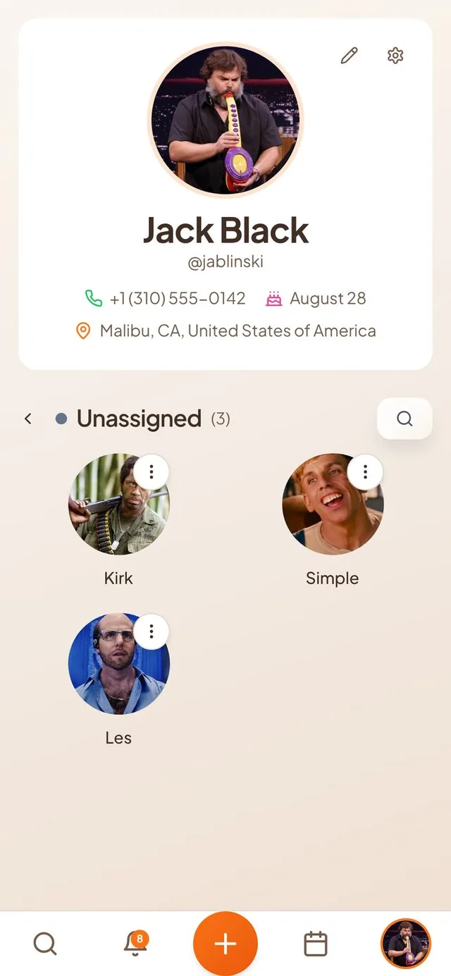 Conmigo Who page opened to the Unassigned group, showing three friends with round photos and a menu button on each