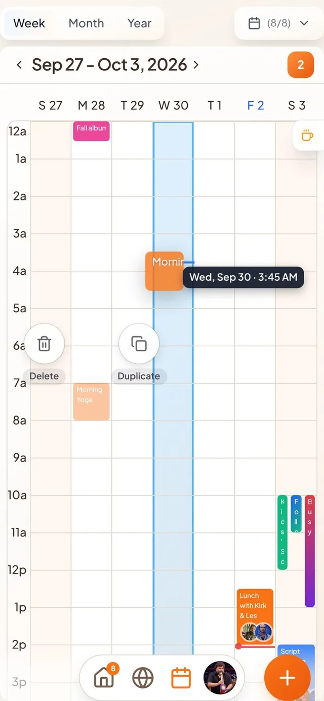 Conmigo Week calendar while holding Morning Yoga, with a Wed, Sep 30 3:45 AM label and Delete and Duplicate circles.