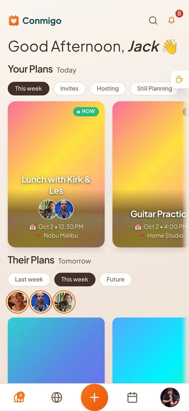 Conmigo Home screen with Your Plans showing a green Now badge on an event in progress