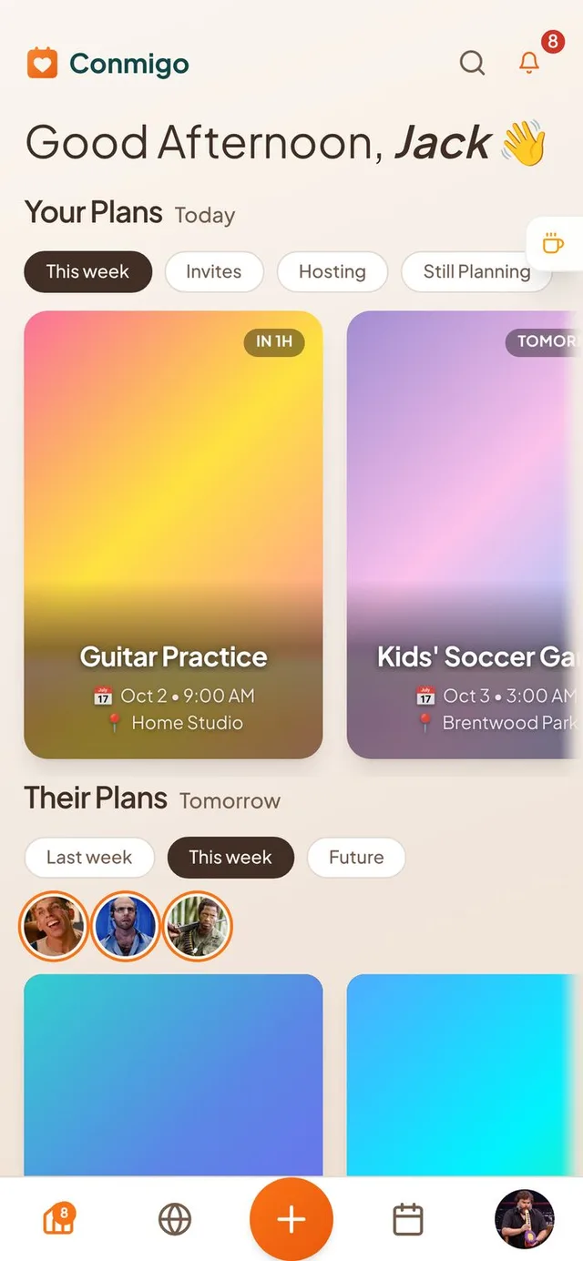 Conmigo Home screen with Your Plans filters and event cards above Their Plans