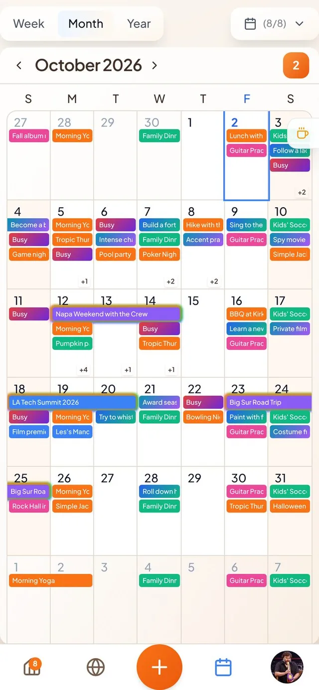 Conmigo Month view for October 2026 with today, Friday the 2nd, highlighted in blue