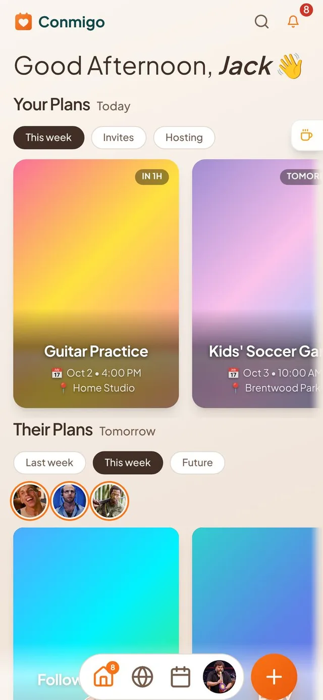 Conmigo Home screen with Your Plans filters This week, Invites and Hosting above Their Plans