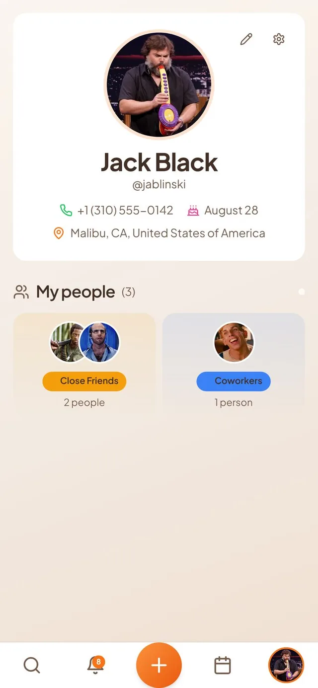 Conmigo profile screen with My people shown as Close Friends and Coworkers clusters of friend photos