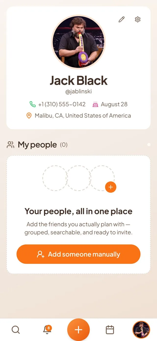Conmigo profile screen with an empty My people card reading Your people, all in one place and an Add someone manually button