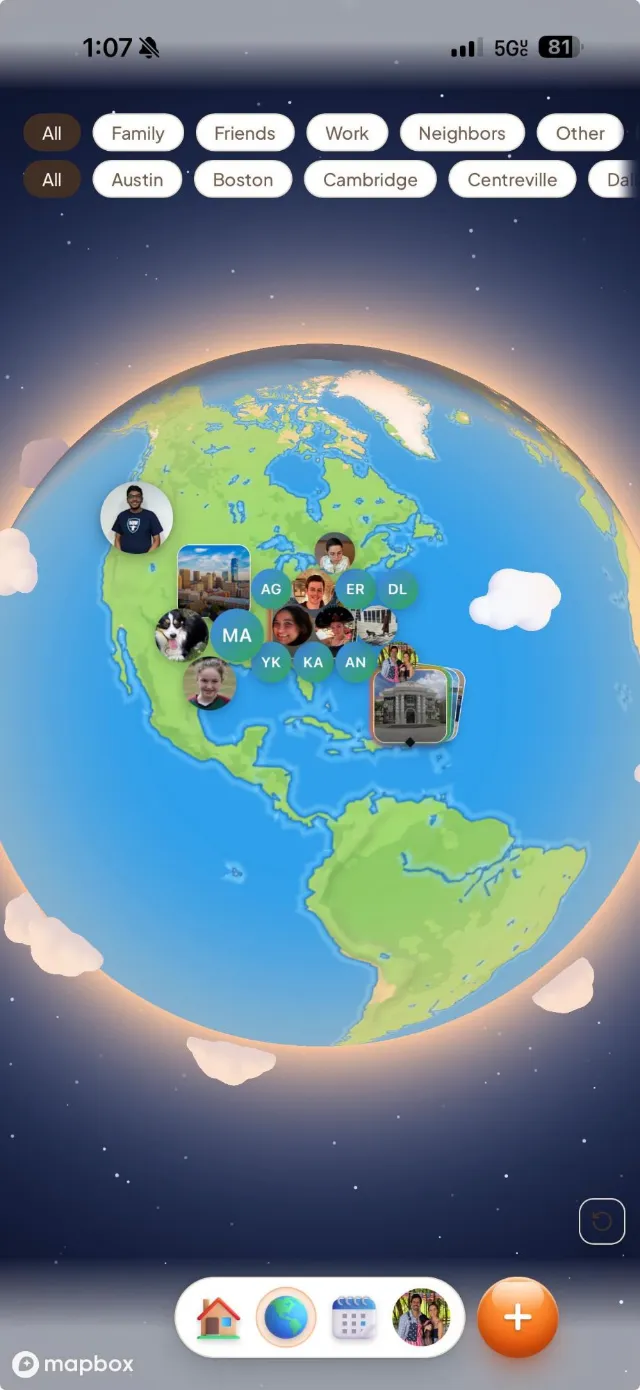 Conmigo Where map zoomed out to a cartoon globe over North America, with friends’ photos and initials grouped over the United States, filter rows above and the bottom bar below